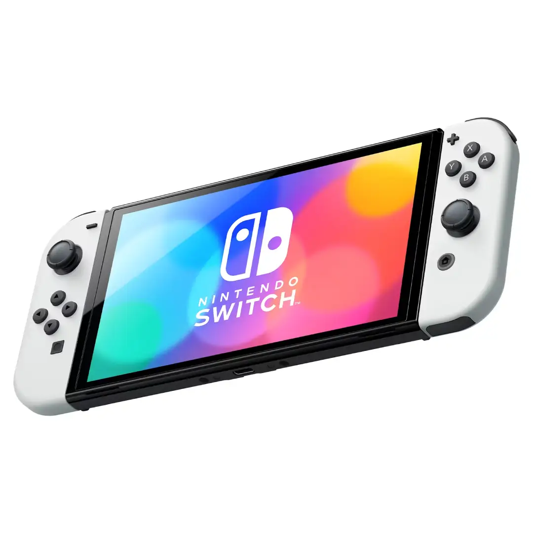 Consola Nintendo Switch OLED blanca mostrando su modo portátil, ideal para jugar en cualquier lugar - Electrocash