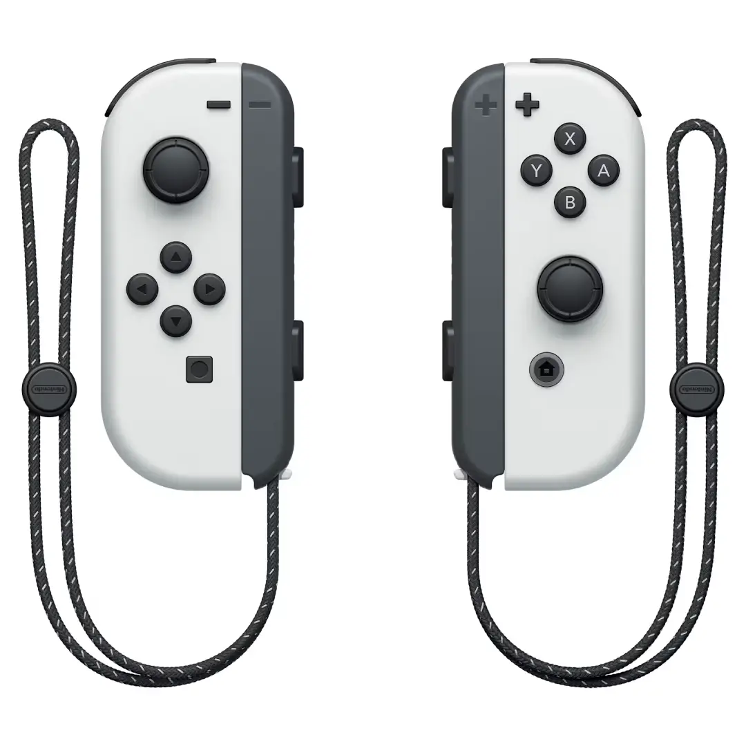 Vista de los controladores Joy-Con de la consola Nintendo Switch OLED blanca, en color blanco, para una experiencia de juego versátil - Electrocash