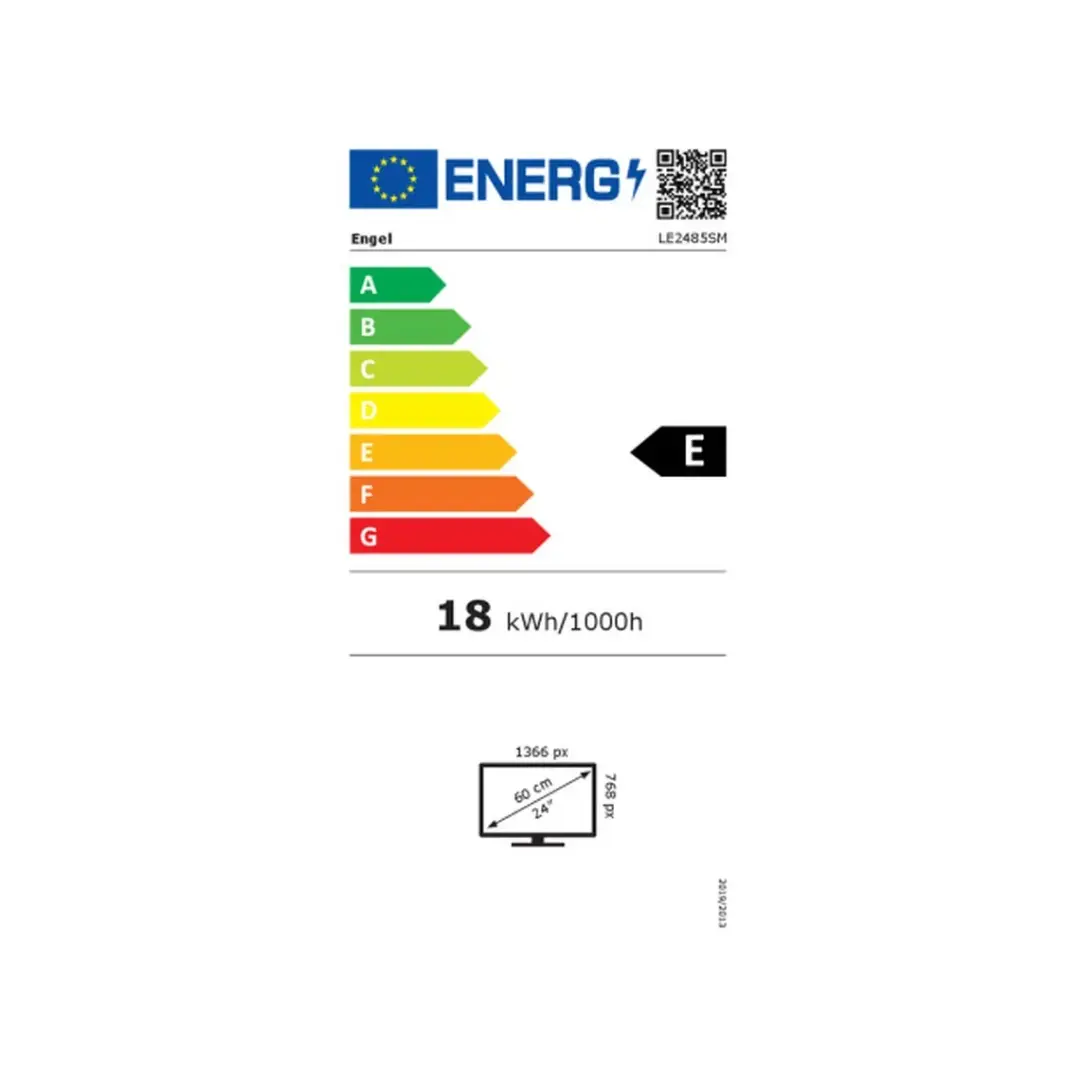 Ficha energética del televisor LED 24" LE-2485/6 SM ENGEL, mostrando su eficiencia energética y clasificaciones de consumo - Electrocash