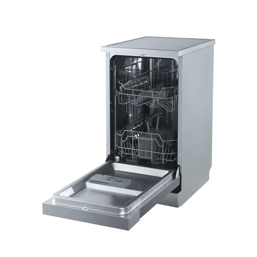 Lavavajillas Edesa EDW-4610X en acero inoxidable, abierto para mostrar su espacioso interior y compartimentos ajustables - Electrocash