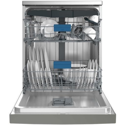 Lavavajillas Beko BDFN-26550XC abierto, mostrando el interior con espacio para 15 cubiertos y organización flexible - Electrocash