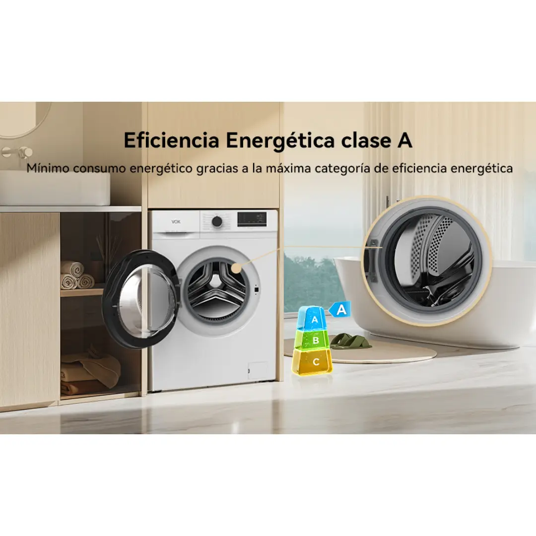 Lavadora blanca VOK EVW-6BAWL21 con clasificación energética A, garantizando un bajo consumo y mayor ahorro en cada lavado - Electrocash