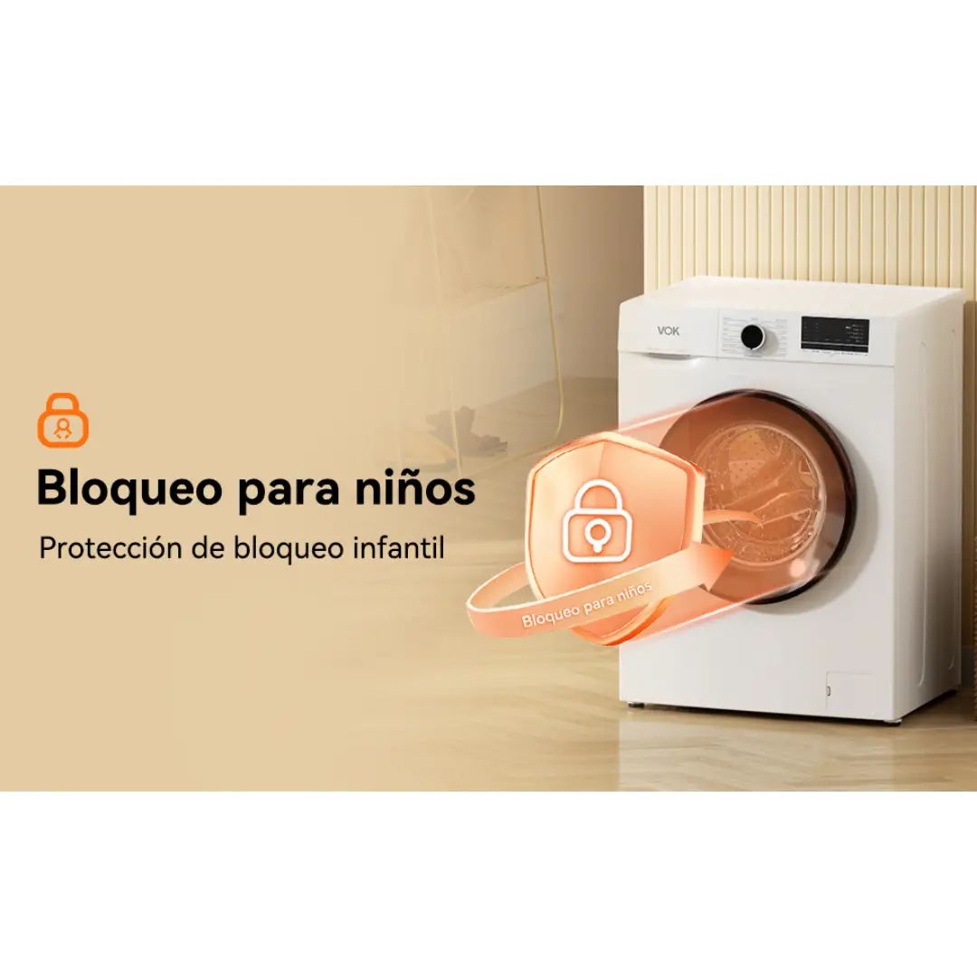 Sistema de bloqueo para niños en la lavadora VOK EVW-6BAWL21, proporcionando mayor seguridad en el hogar - Electrocash