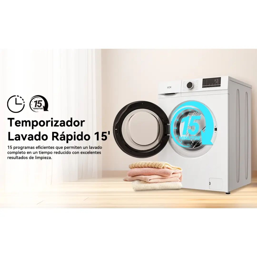 Función de lavado rápido en 15 minutos de la lavadora VOK EVW-6BAWL21, ideal para prendas poco sucias y necesidades urgentes - Electrocash