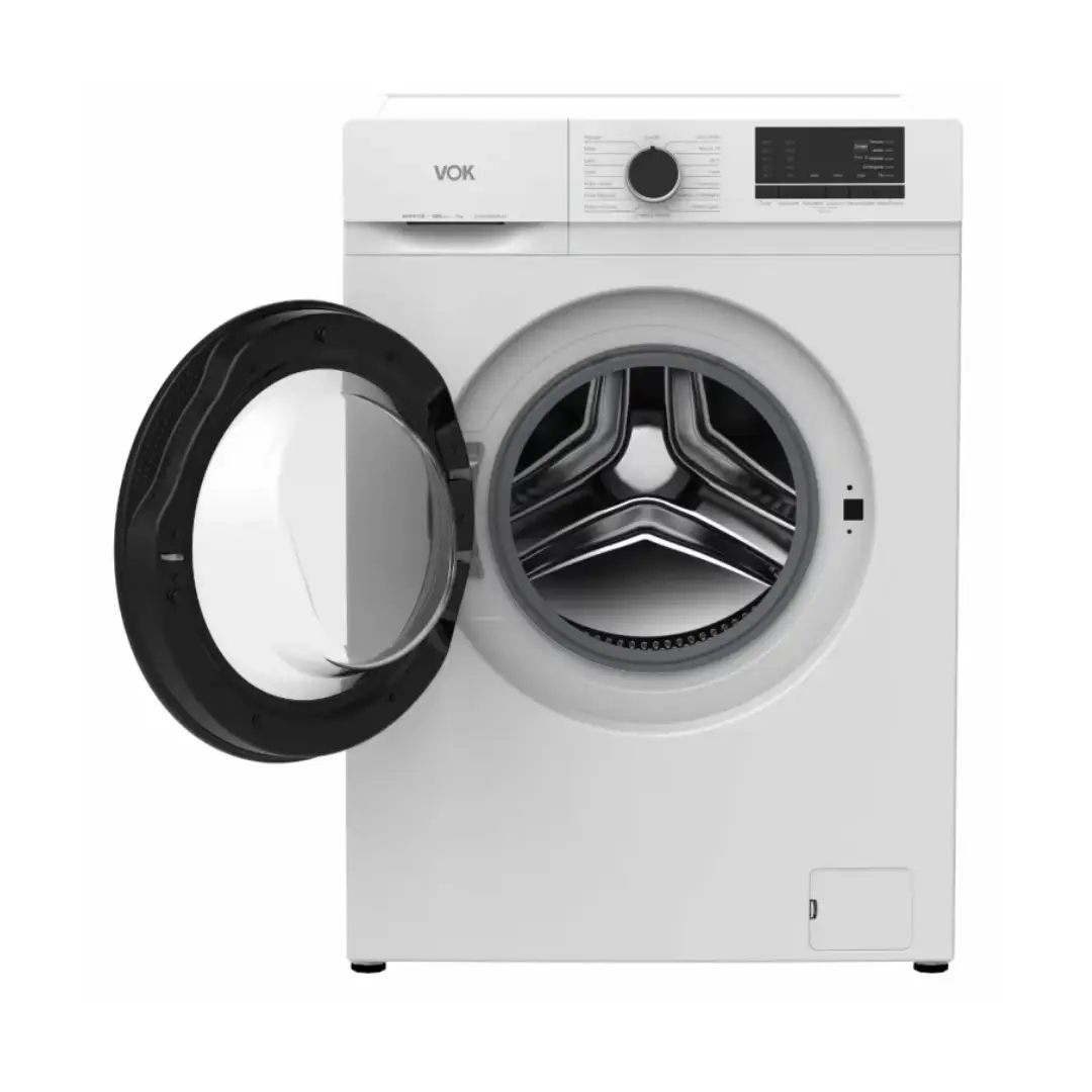 Lavadora VOK EVW-7BAWL21 con la puerta abierta, revelando su tambor espacioso y diseño eficiente - Electrocash