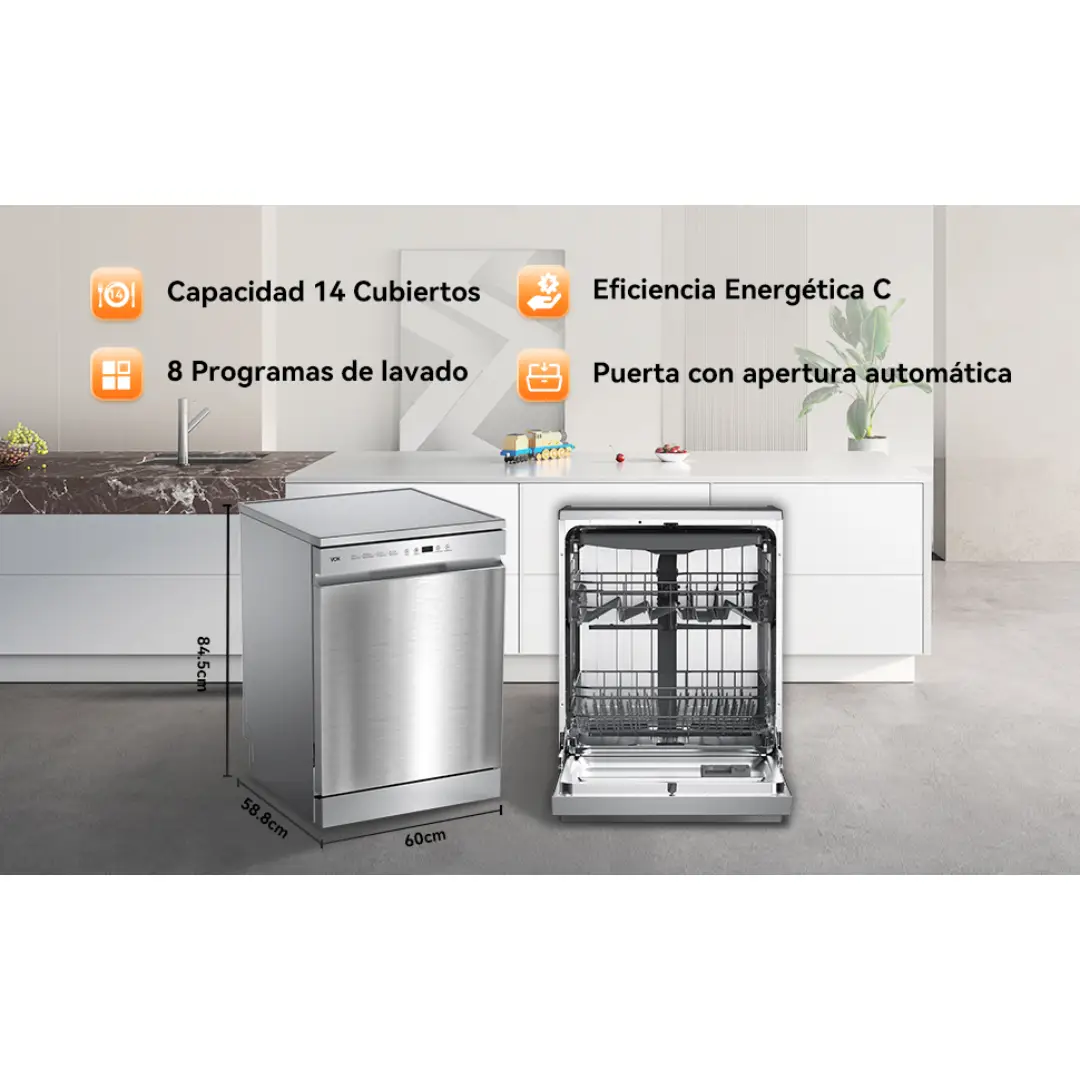 Lavavajillas EVD-14FCSAD de VOK con diseño en acero inoxidable, motor eficiente y controles intuitivos - Electrocash