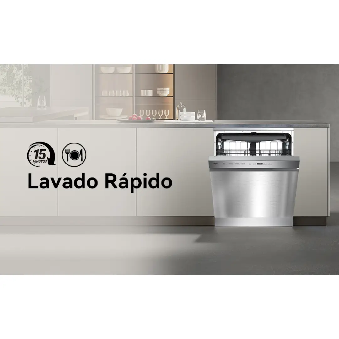 Función de lavado rápido en 15 minutos del lavavajillas VOK EVD-14FCSAD, ideal para limpiezas rápidas y eficaces - Electrocash