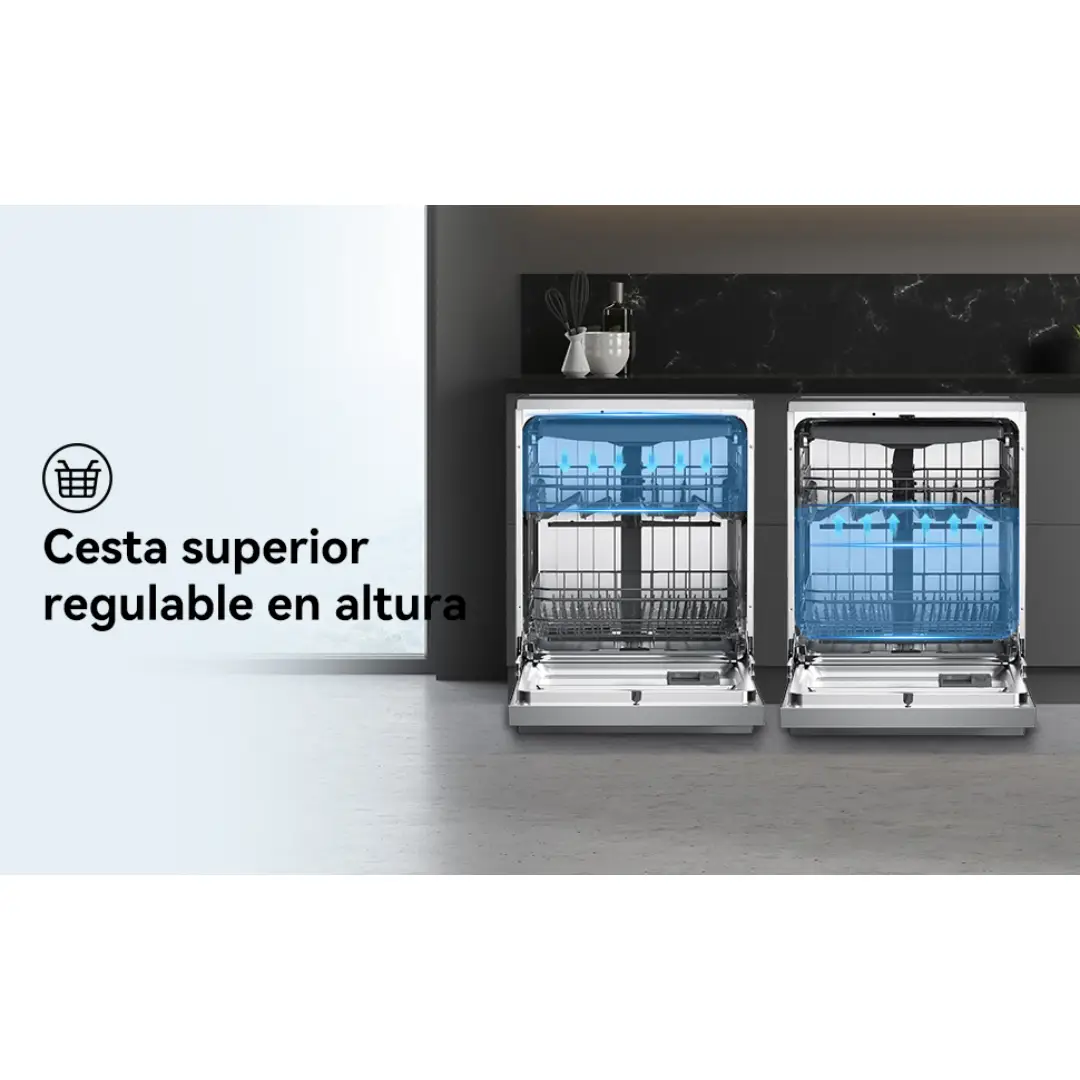 Lavavajillas VOK EVD-14FCSAD con cesta superior ajustable para mayor comodidad al colocar platos y utensilios grandes - Electrocash