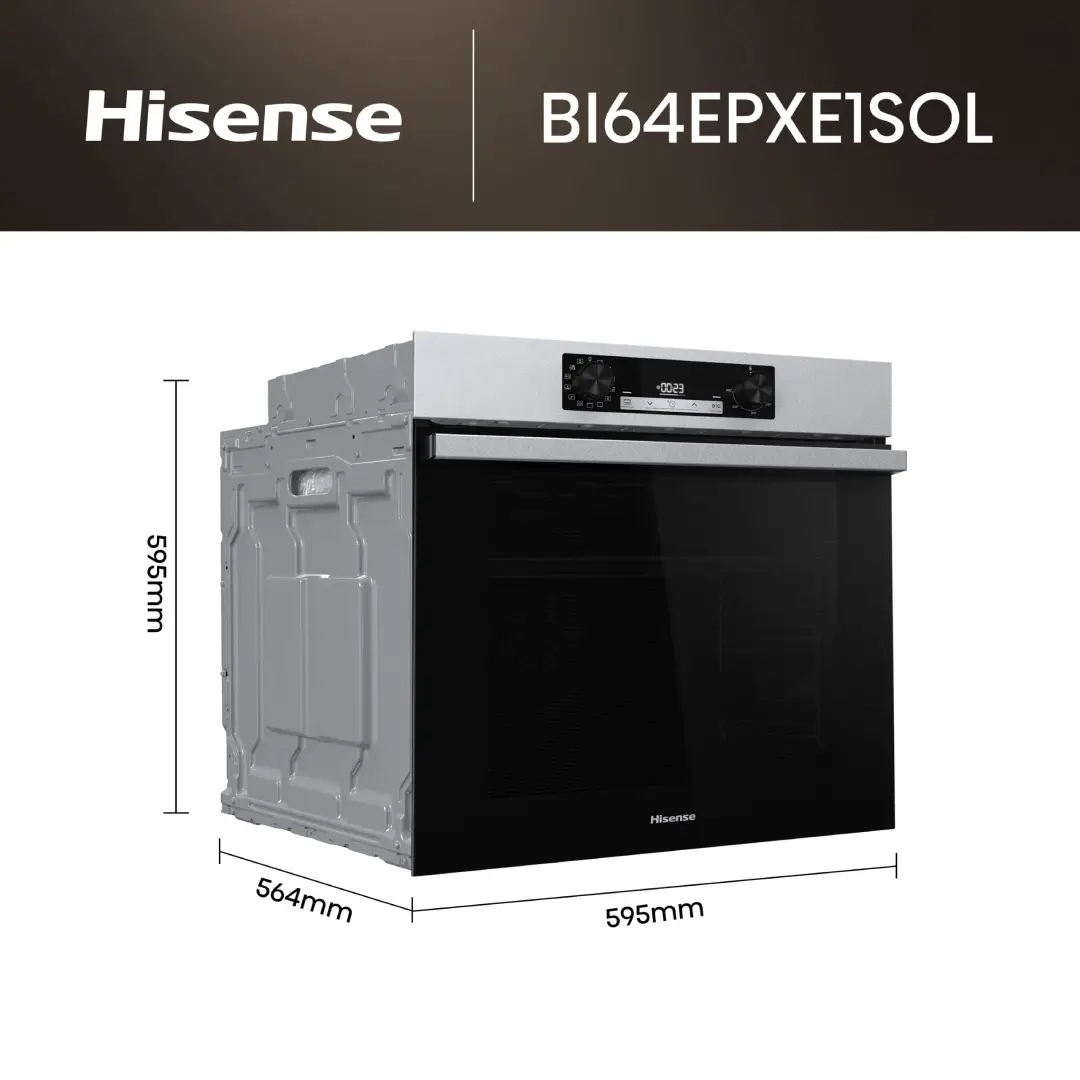 Medidas del horno Hisense BI-64EPXE1SOL de 77 litros, con diseño en acero inoxidable y sistema de limpieza pirolítica - Electrocash