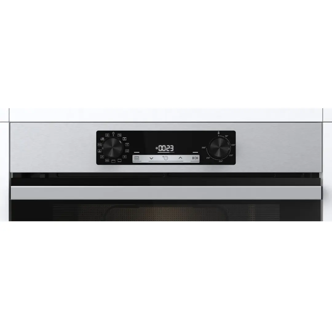 Detalle del panel de control del horno Hisense BI-64EPXE1SOL, con mandos intuitivos y ajustes precisos para una cocción eficiente - Electrocash