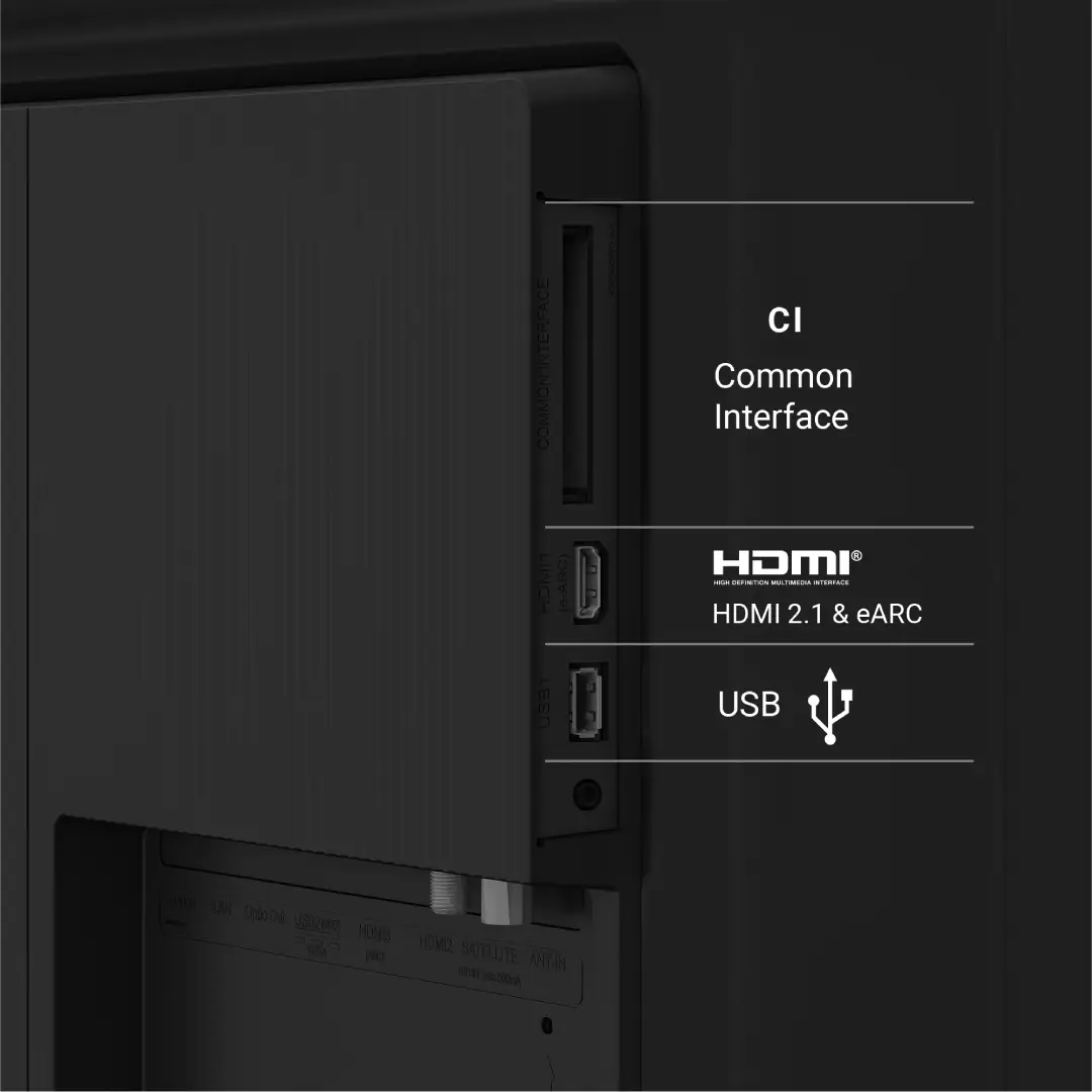 Primer plano de los puertos laterales del televisor Grundig 43GIQ-8900B, facilitando la conexión de dispositivos externos - Electrocash