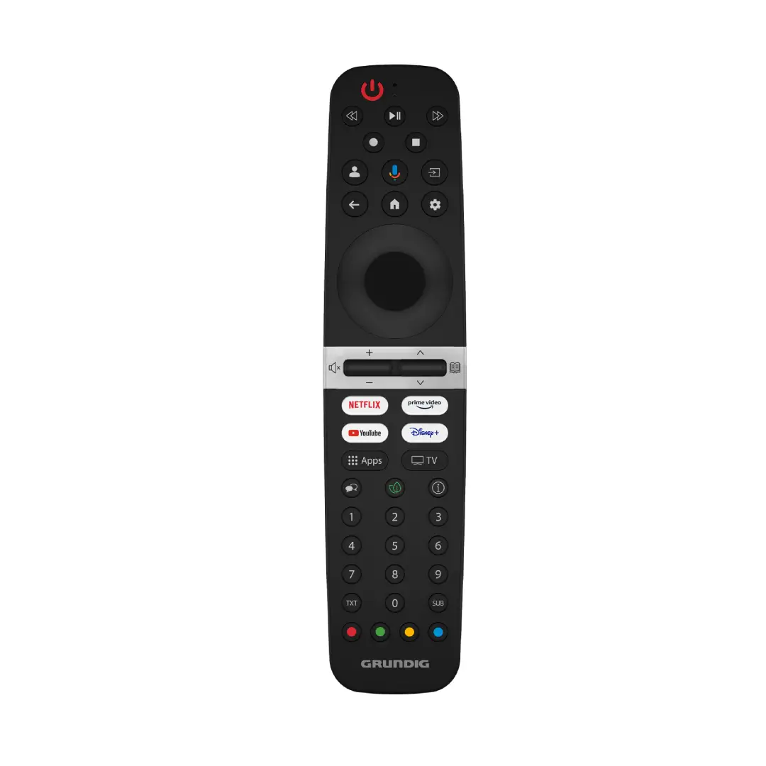Imagen del mando a distancia del televisor Grundig 43GIQ-8900B con accesos directos y diseño ergonómico para un control fácil - Electrocash