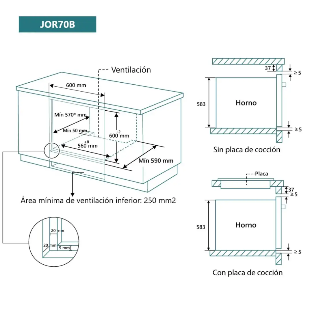 Vista detallada de las dimensiones del horno multifunción Johnson JOR-70B, diseñado en cristal blanco con capacidad de 70 litros - Electrocash