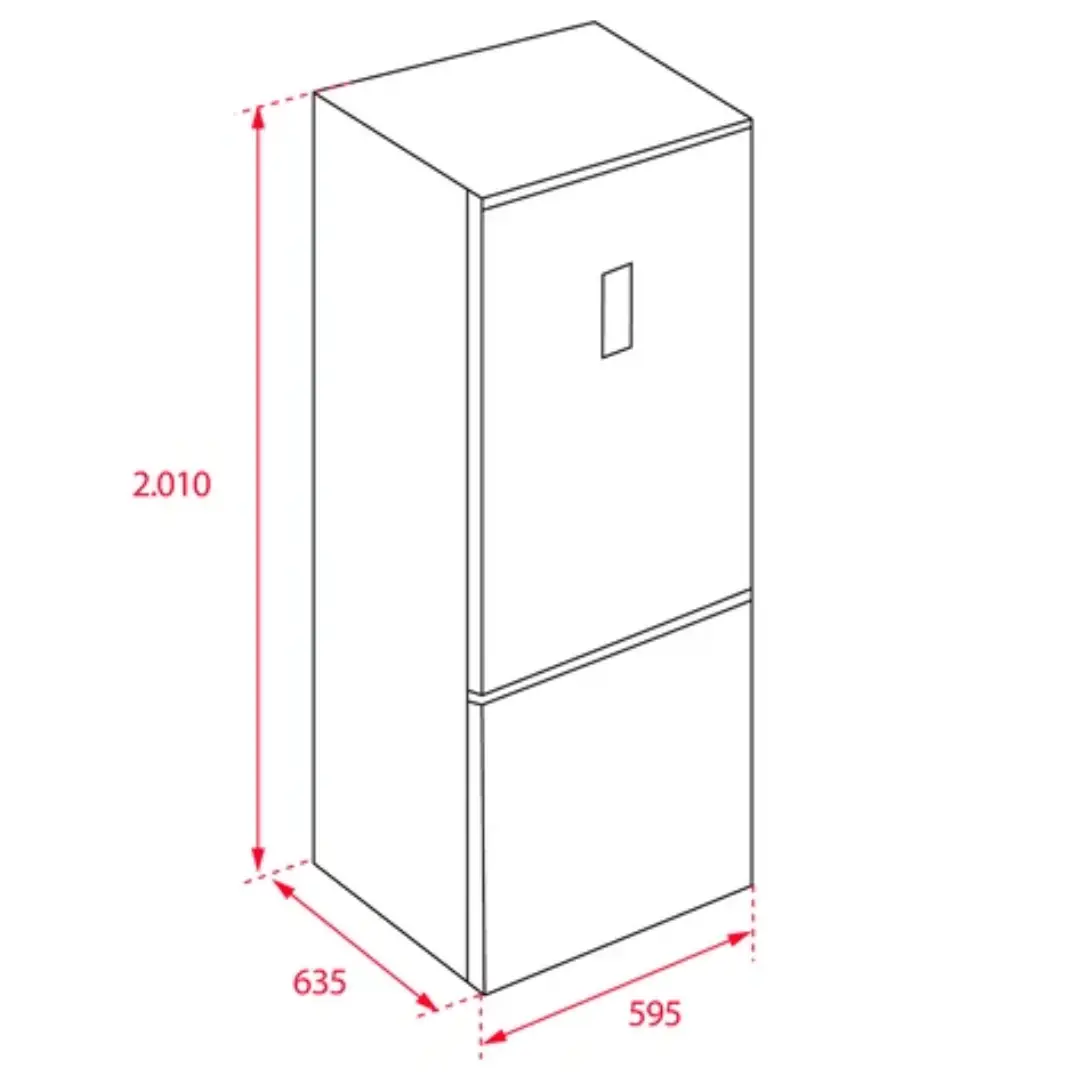 Esquema con las dimensiones del frigorífico combi Teka NFL-430S, de 200 cm de alto y 60 cm de ancho, optimizando el espacio en la cocina - Electrocash