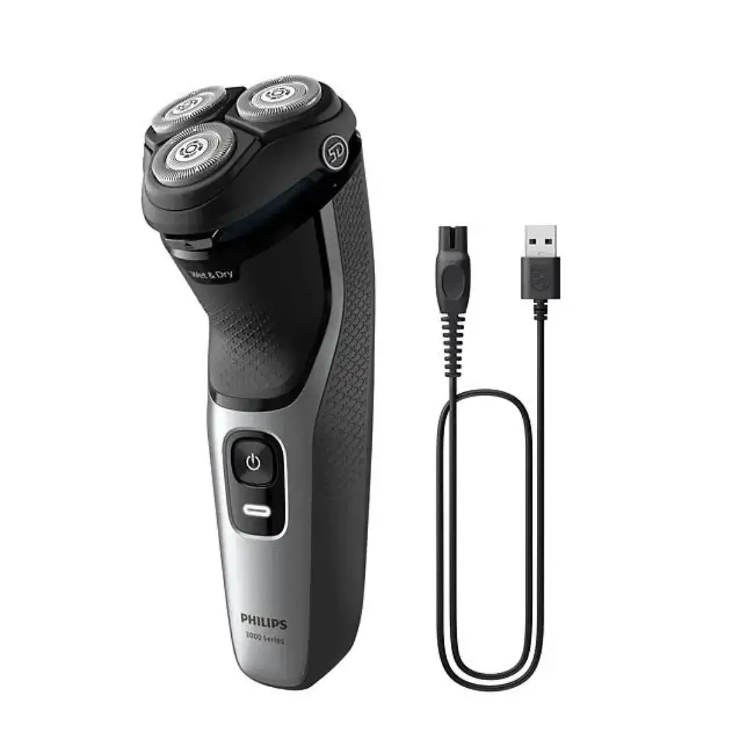 Vista de la afeitadora Philips S-3143/00 con su base de carga, permitiendo una carga rápida y cómoda para su uso - Electrocash