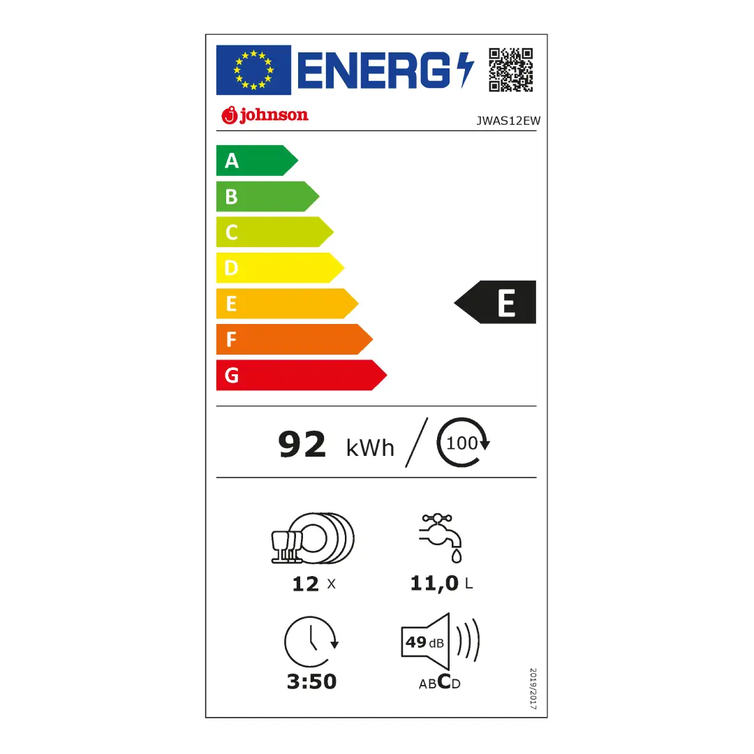 Detalle de la ficha de consumo energético del lavavajillas JWAS-12EW de Johnson, destacando su eficiencia y bajo consumo - Electrocash