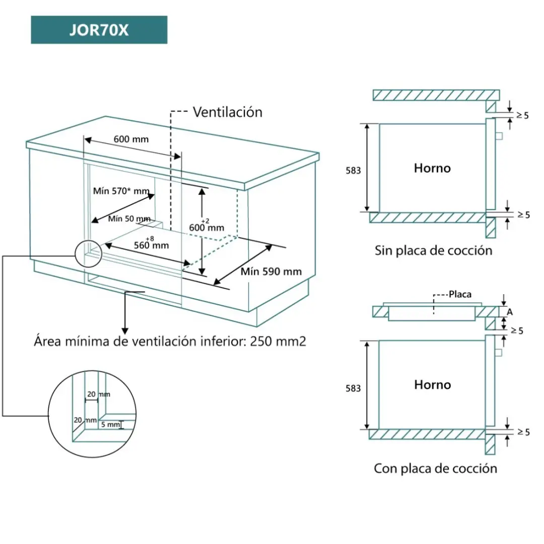 Dimensiones detalladas del horno JOR-70X de JOHNSON, ideal para una instalación precisa en la cocina - Electrocash