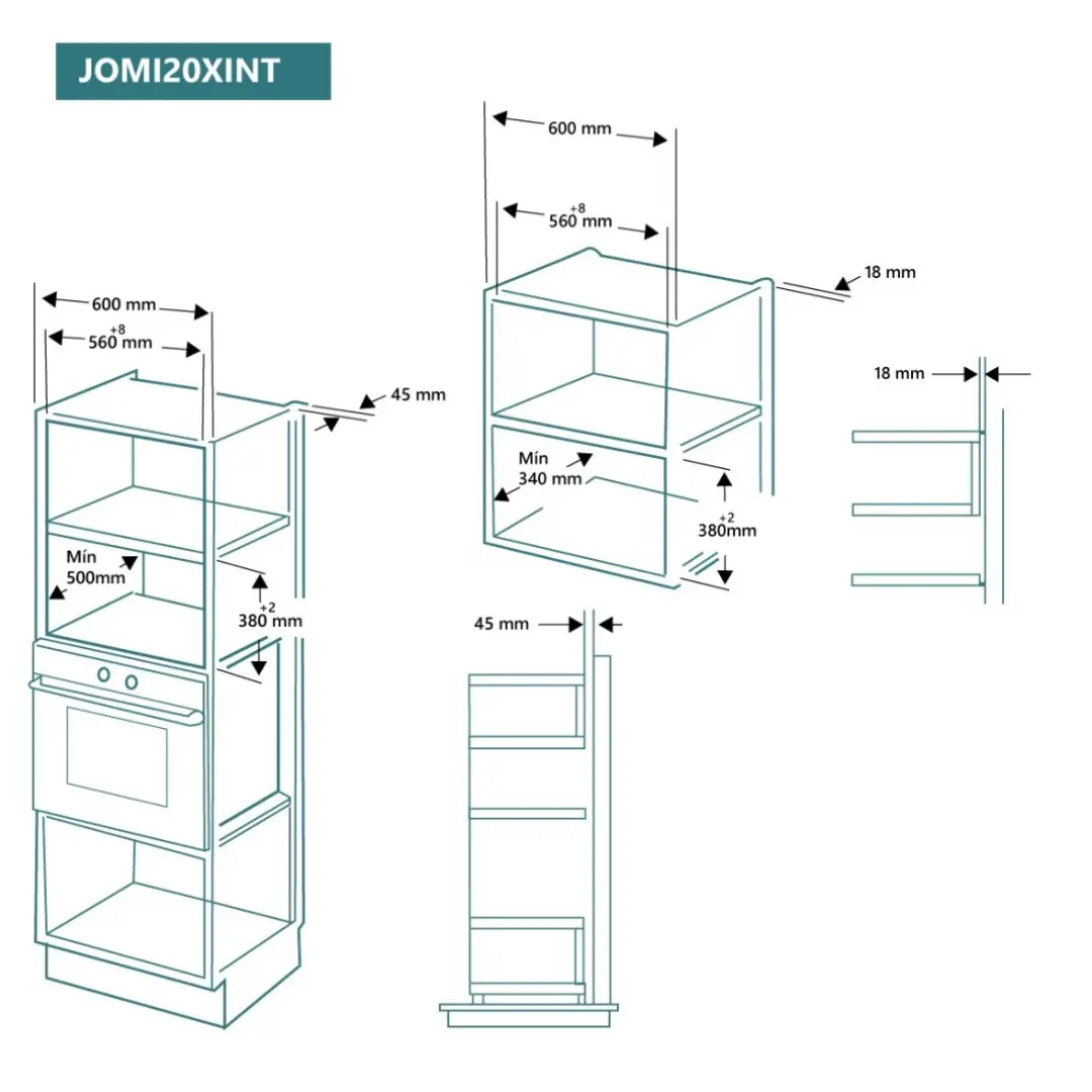 Vista de las medidas del microondas JOMI-20XINT JOHNSON, perfecto para encastre en cocinas de tamaño estándar - Electrocash
