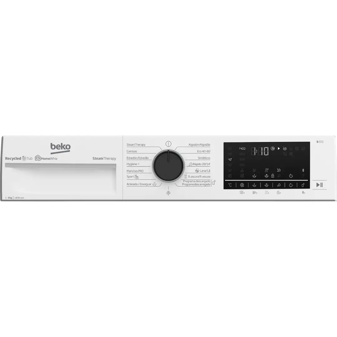 Primer plano del panel de control de la lavadora Beko B3WFT-59415W, con selector de programas y pantalla digital - Electrocash