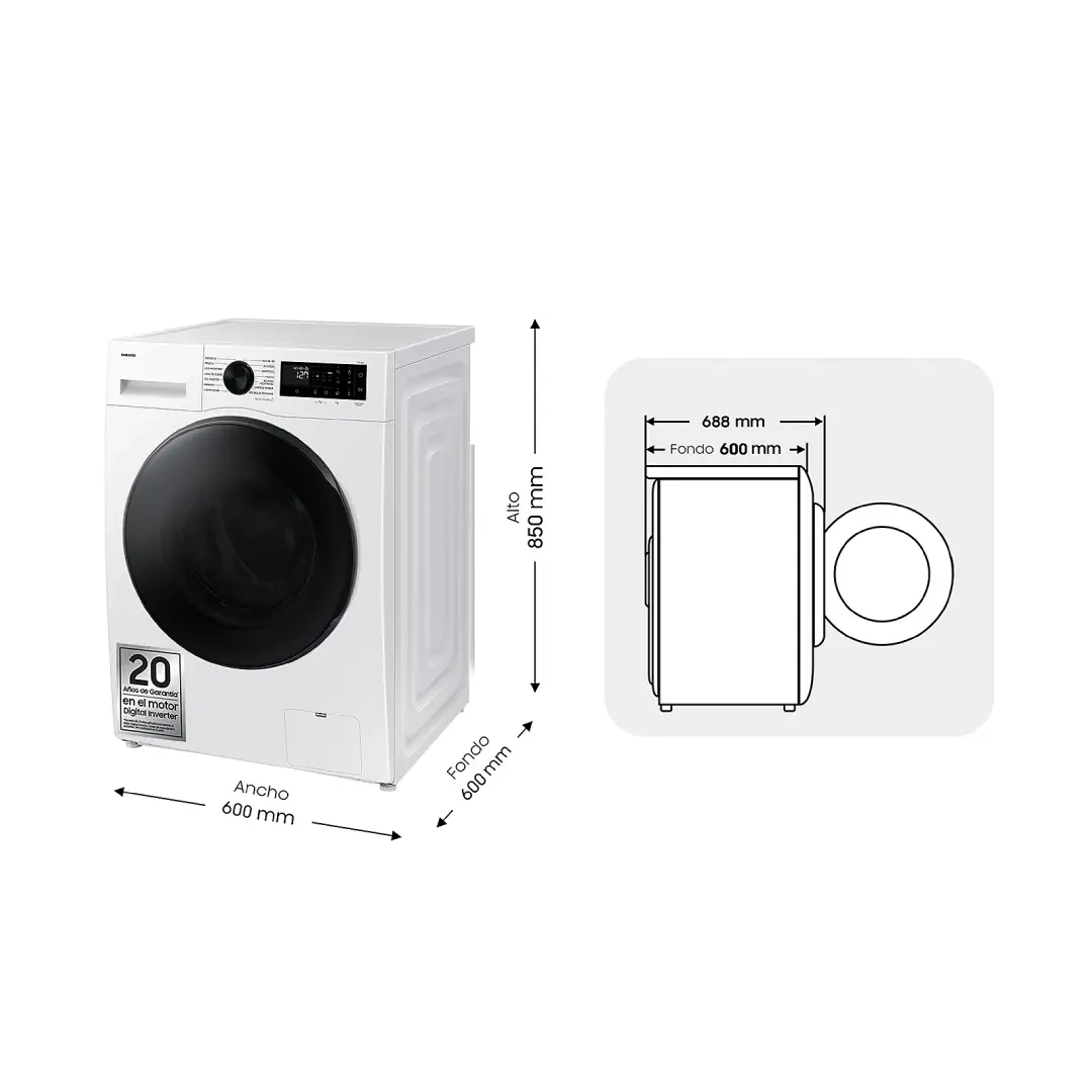Vista de las medidas y dimensiones de la lavadora-secadora WD-11DG5B15BEEC de SAMSUNG, perfecta para adaptarse a tu espacio - Electrocash