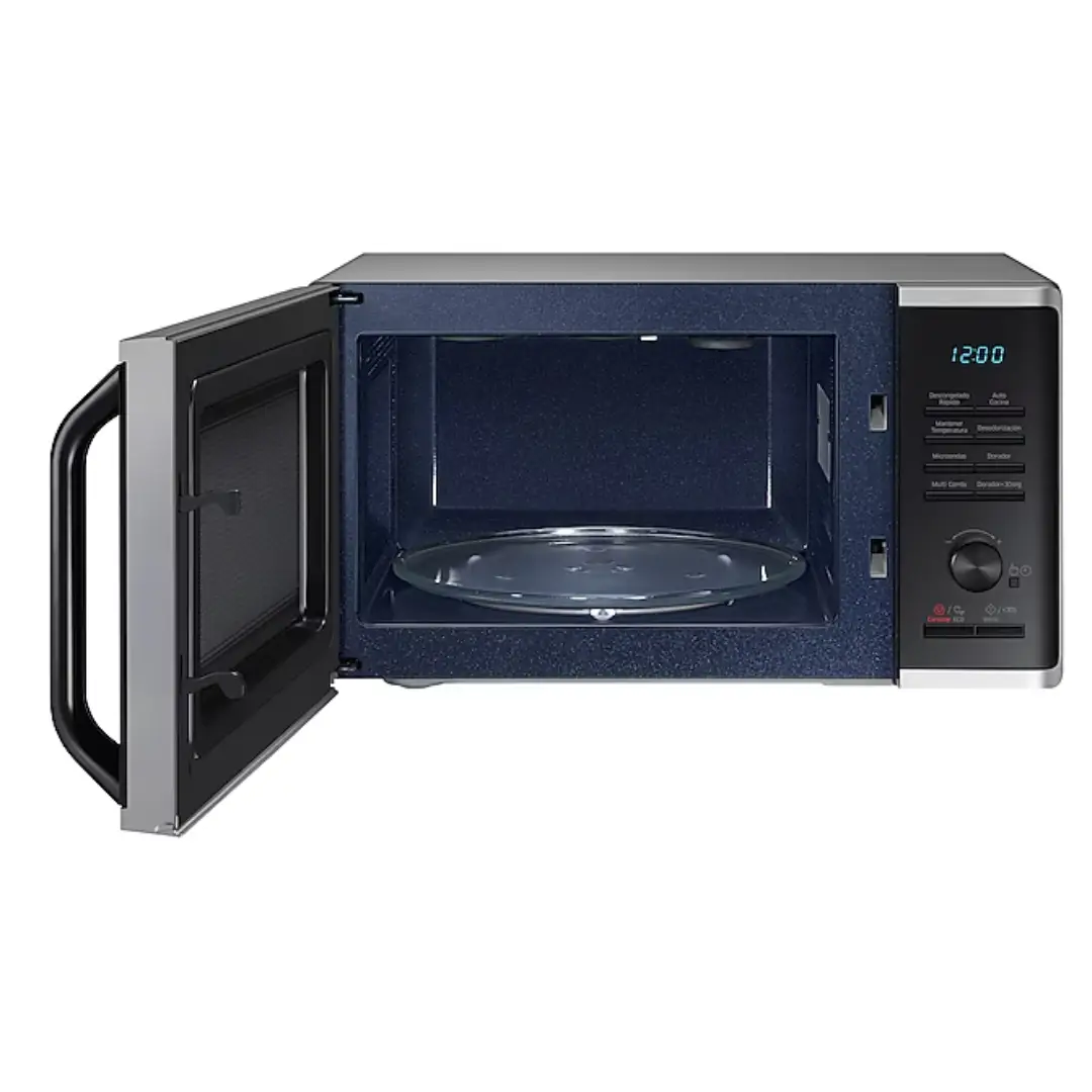 Microondas Samsung MG-23K3515AS/EC abierto, mostrando el interior y la capacidad de 23L - Electrocash