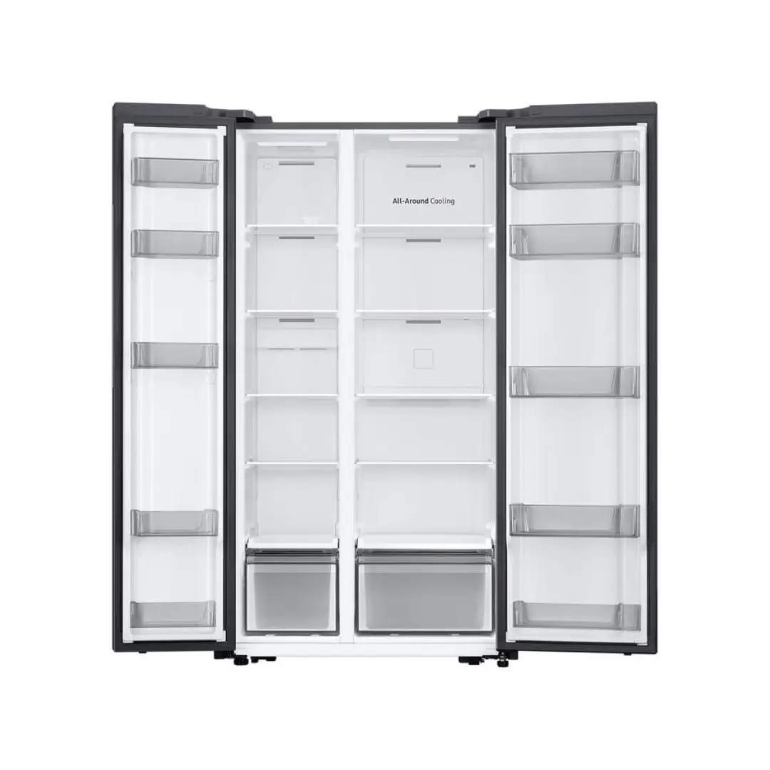 Imagen del frigorífico americano Samsung RS-57DG400EM9EF abierto, mostrando su espacioso interior con estantes y compartimentos organizados - Electrocash