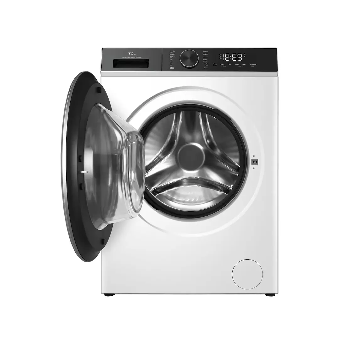 Vista de la lavadora TCL FP-0934WA1ES con la puerta abierta, mostrando su tambor amplio y sistema de lavado eficiente - Electrocash