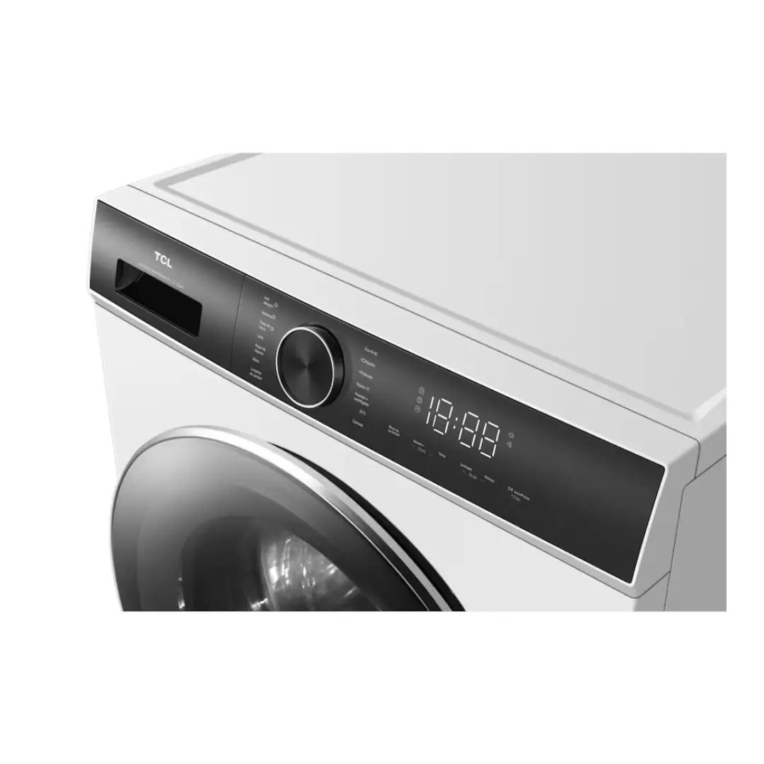 Primer plano del panel de control de la lavadora TCL FP-0934WA1ES, con su pantalla digital y selección de programas - Electrocash