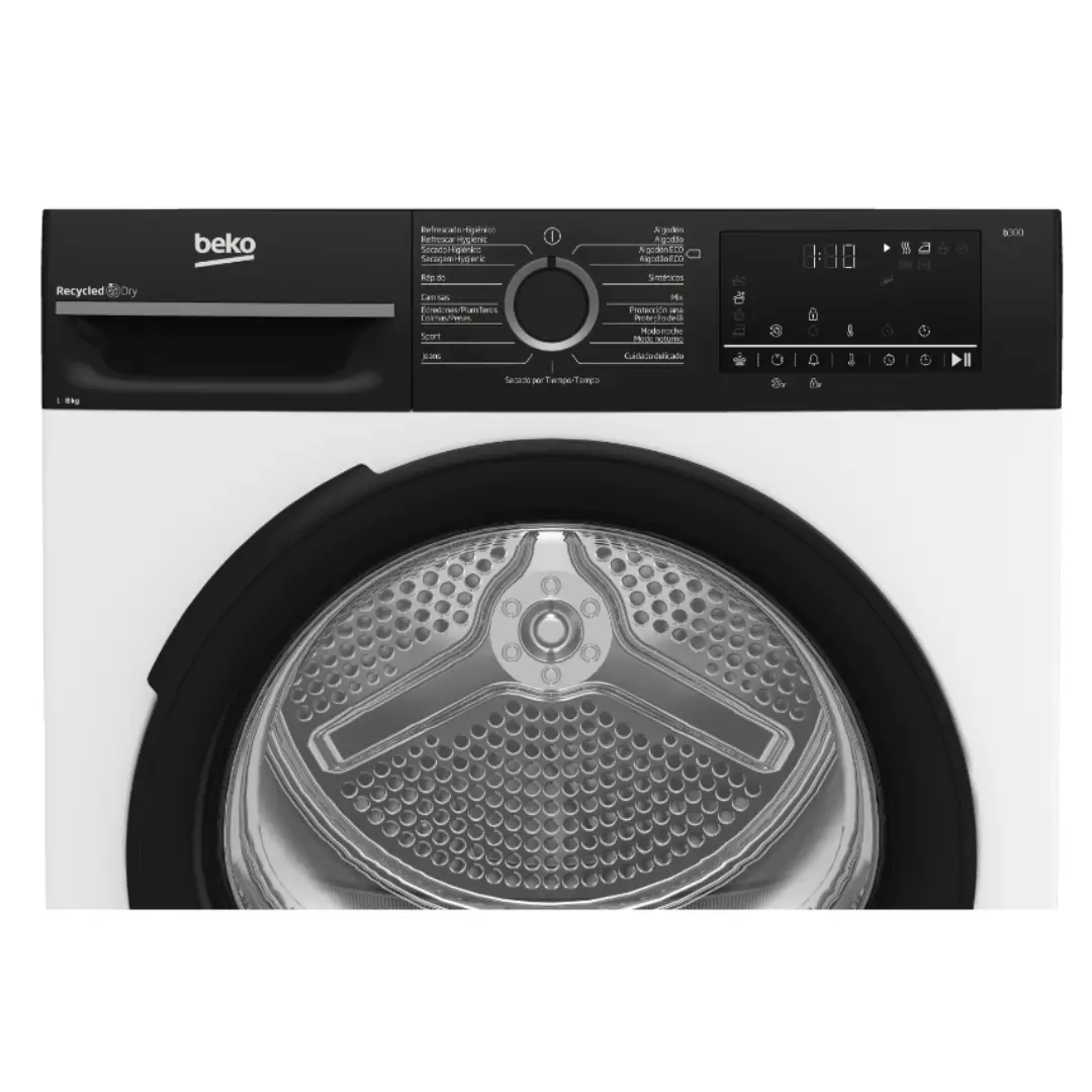 Primer plano del panel de control de la secadora Beko BM3T-48249W, con pantalla digital y opciones de secado eficientes - Electrocash