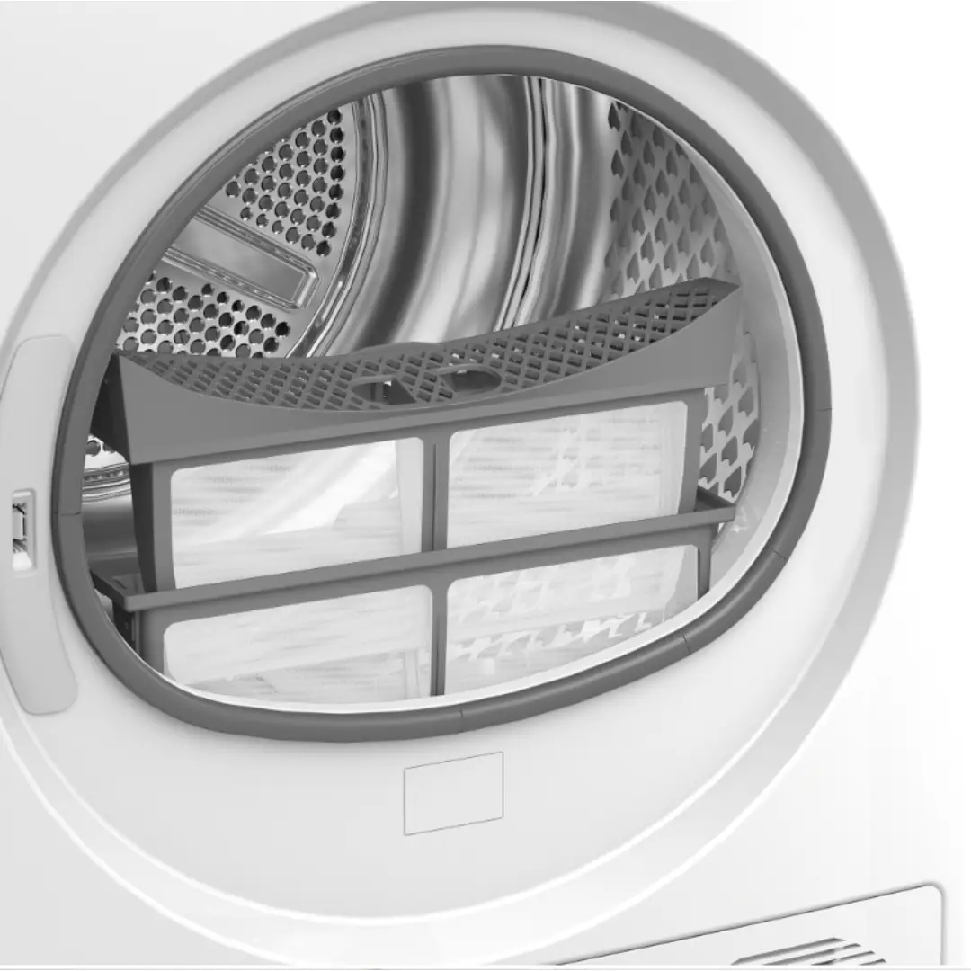 Imagen del interior de la secadora Beko BM3T-48249W, destacando su tambor y sistema de secado por bomba de calor - Electrocash