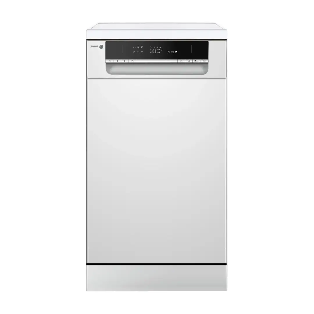 Lavavajillas compacto Fagor 4LVF-421 en color blanco, con 45 cm de ancho, capacidad para 9 cubiertos y eficiencia energética Clase E - Electrocash