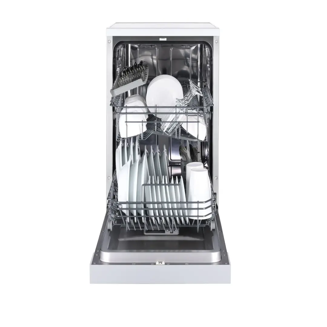 Imagen del lavavajillas Fagor 4LVF-421 abierto, mostrando su interior completamente cargado con platos, vasos y cubiertos - Electrocash