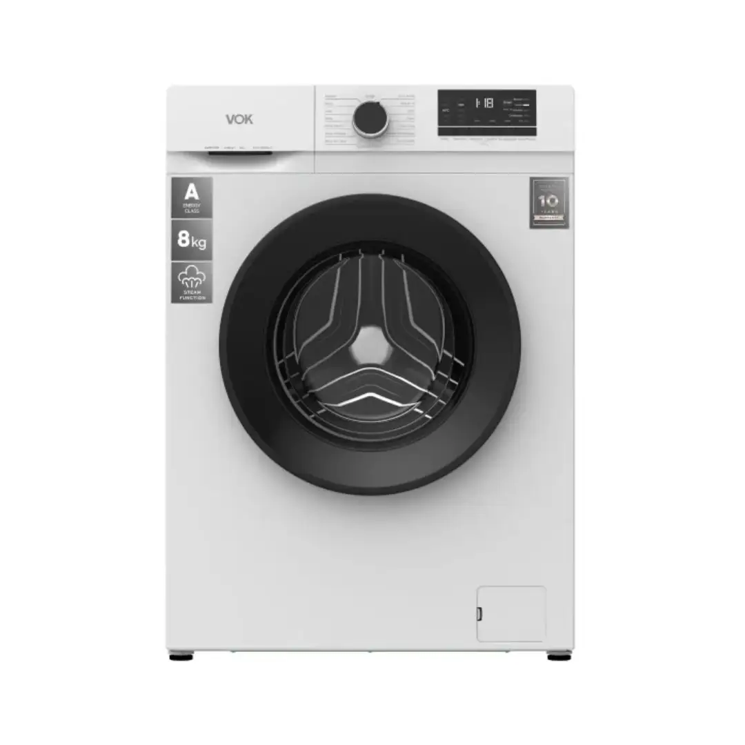 Lavadora EVW-8BAWL21 de VOK en color blanco, con capacidad de 8 kg, 1200 rpm y función vapor para un lavado más eficiente - Electrocash
