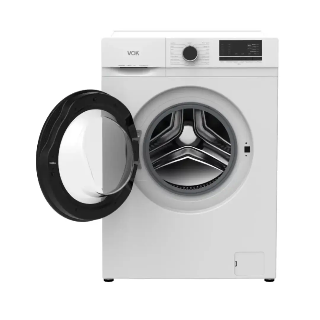 Lavadora blanca EVW-8BAWL21 de VOK con la puerta abierta, mostrando su tambor y capacidad de carga - Electrocash