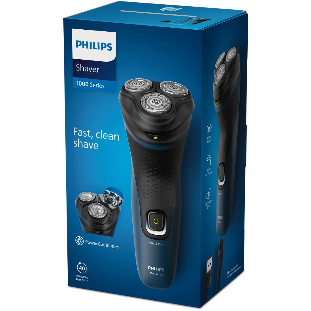 Imagen de la caja de la afeitadora Philips S-1151/00, destacando su diseño y características principales como la carga USB y la resistencia IPX7 - Electrocash