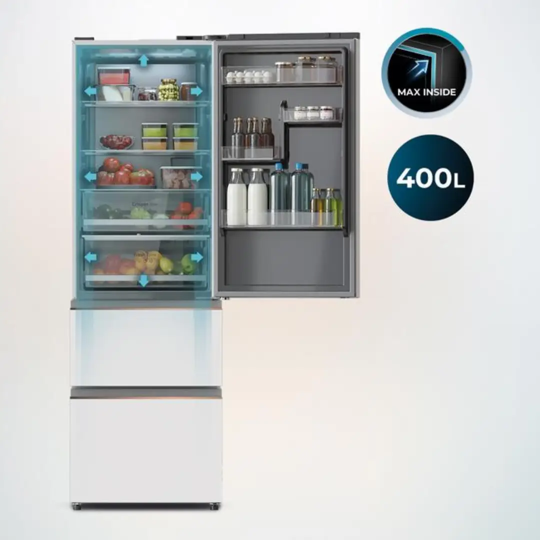 Interior del frigorífico combi Cecotec 02082 FD White abierto, con distribución amplia y sistema French Door para una mejor organización - Electrocash