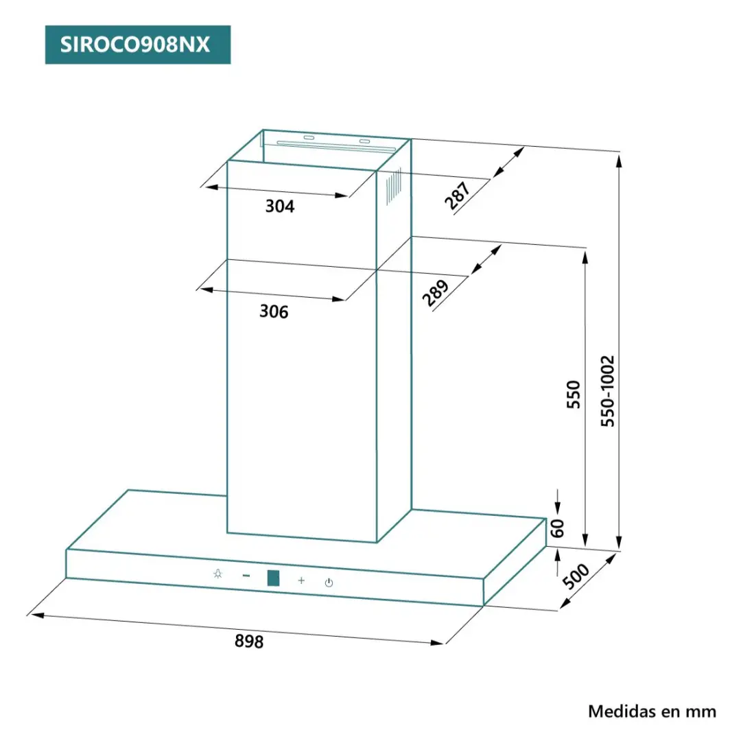 Medidas de la campana extractora Johnson Siroco 908NX de 90 cm, con detalles de su diseño en acero inoxidable y cristal negro - Electrocash