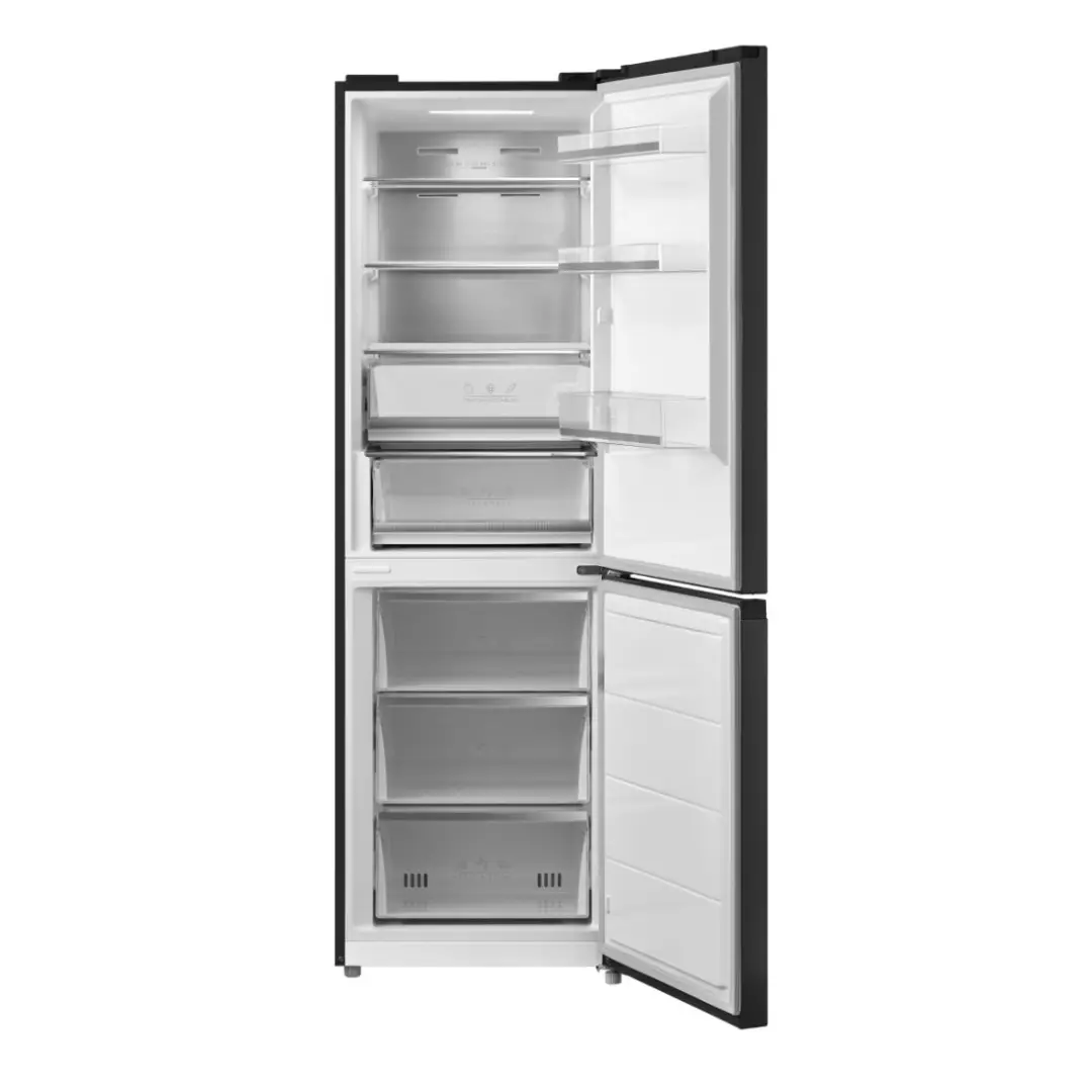 Combi cristal negro JRC-185EN2GN Johnson abierto, mostrando su interior espacioso y organizado, con estantes ajustables y compartimentos prácticos - Electrocash