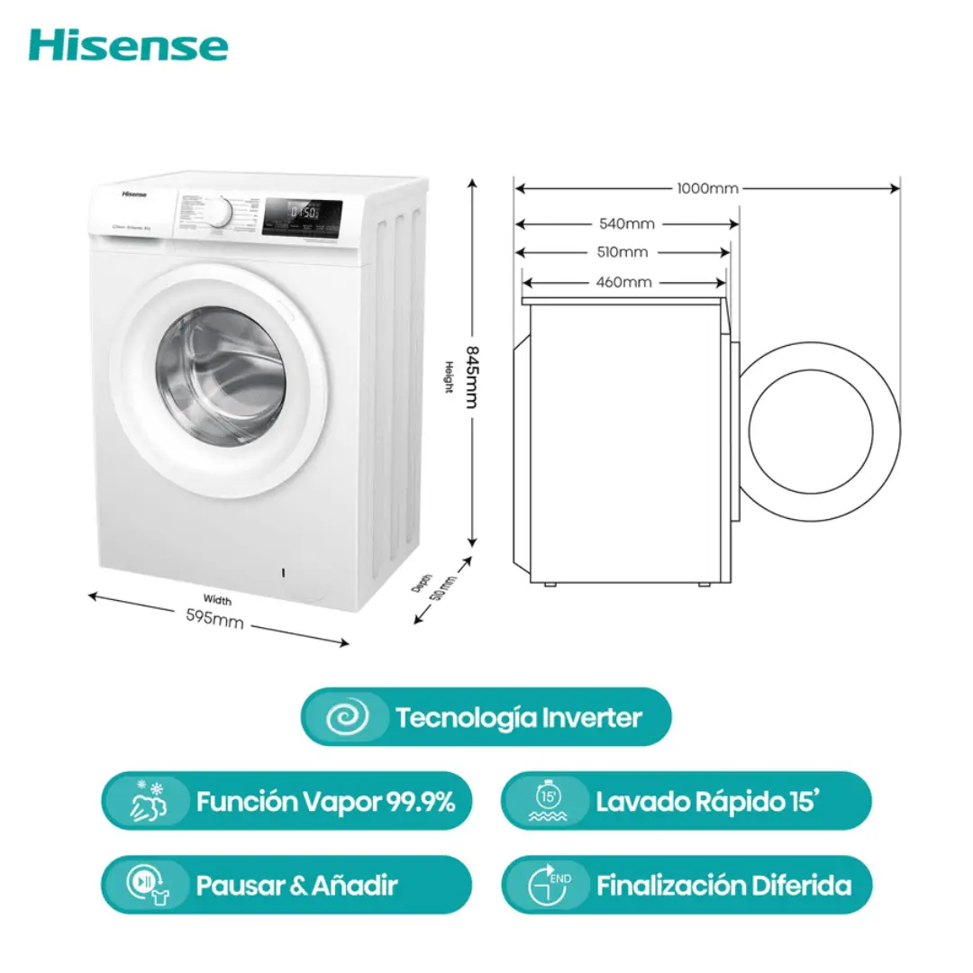 Dimensiones de la lavadora Hisense WFQP-801419VM, mostrando su altura, ancho y profundidad para una mejor referencia - Electrocash
