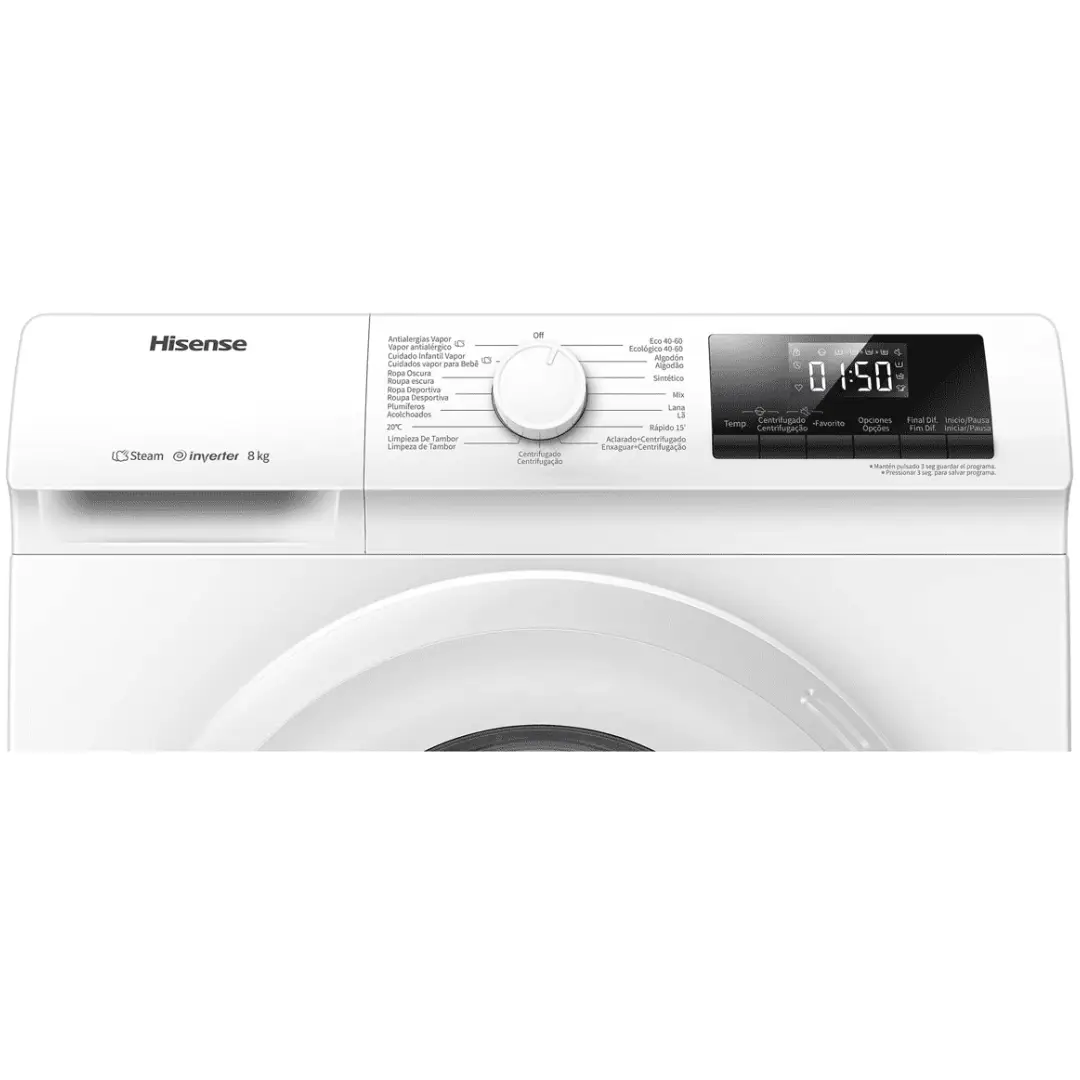Vista en primer plano del panel de control de la lavadora Hisense WFQP-801419VM, con sus programas y opciones de lavado - Electrocash