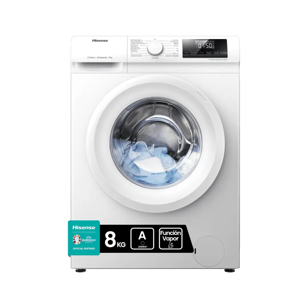Lavadora Hisense WFQP-801419VM en color blanco, con capacidad de 8 kg, velocidad de 1400 rpm y eficiencia energética Clase A - Electrocash