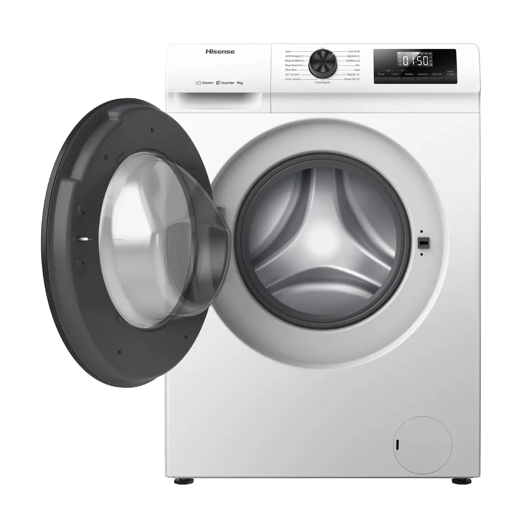 Vista de la lavadora Hisense WF1Q-9041BW con la puerta abierta, mostrando su tambor espacioso de 9 kg de capacidad - Electrocash