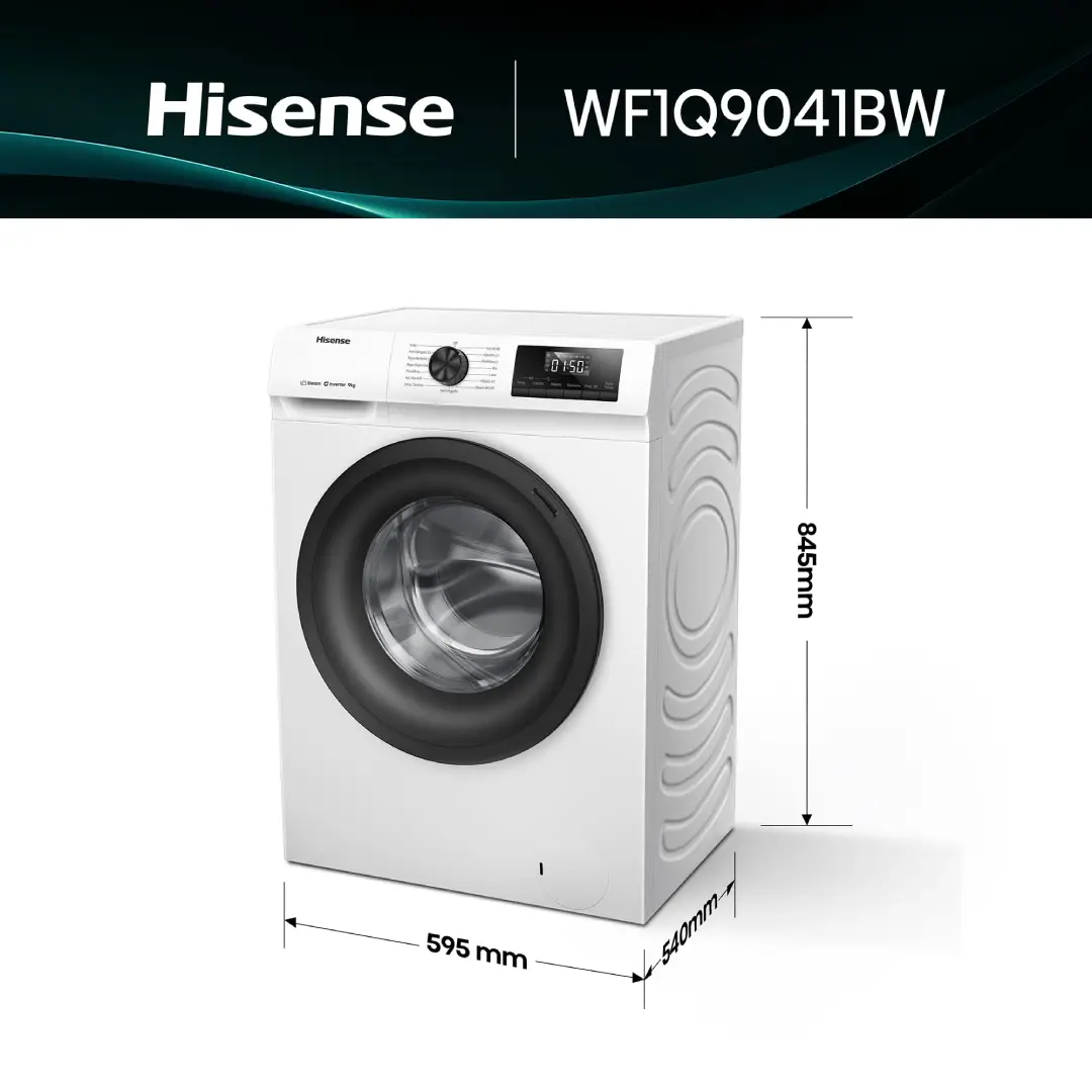 Dimensiones de la lavadora Hisense WF1Q-9041BW, diseñada para adaptarse a distintos espacios en el hogar - Electrocash