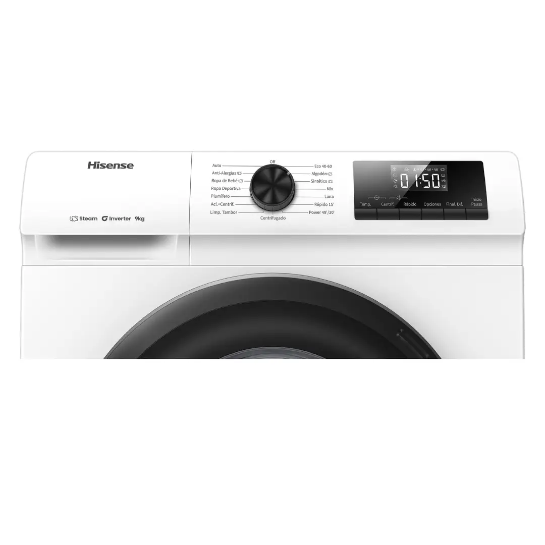 Primer plano del panel de control de la lavadora Hisense WF1Q-9041BW, con selección de programas y opciones de lavado avanzadas - Electrocash
