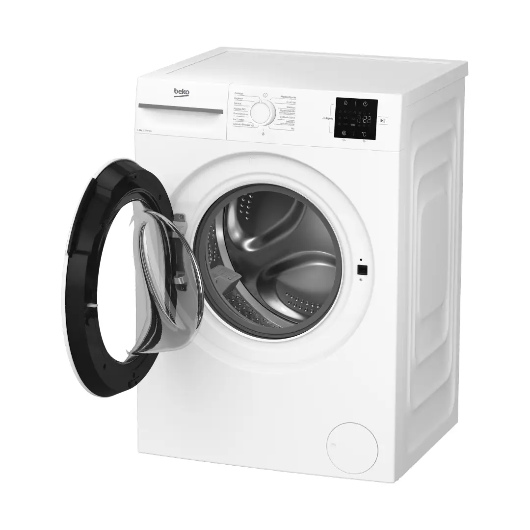 Vista de la lavadora Beko BM1WFT-3922W con la puerta abierta, mostrando su amplio tambor y sistema de carga frontal - Electrocash
