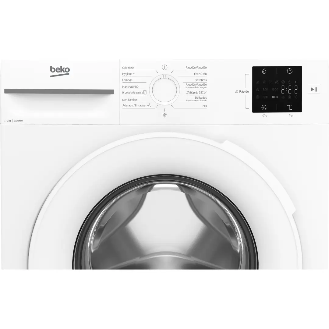 Detalle del panel de control de la lavadora Beko BM1WFT-3922W, con selección de programas, temperatura y opciones de centrifugado - Electrocash