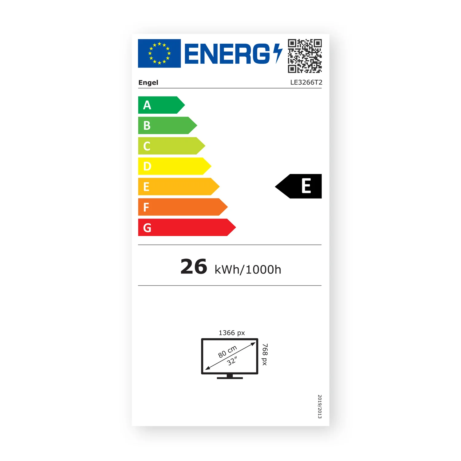 Ficha de consumo energético de la televisión LED 32" LE-3266T2 de ENGEL, destacando su eficiencia energética - Electrocash