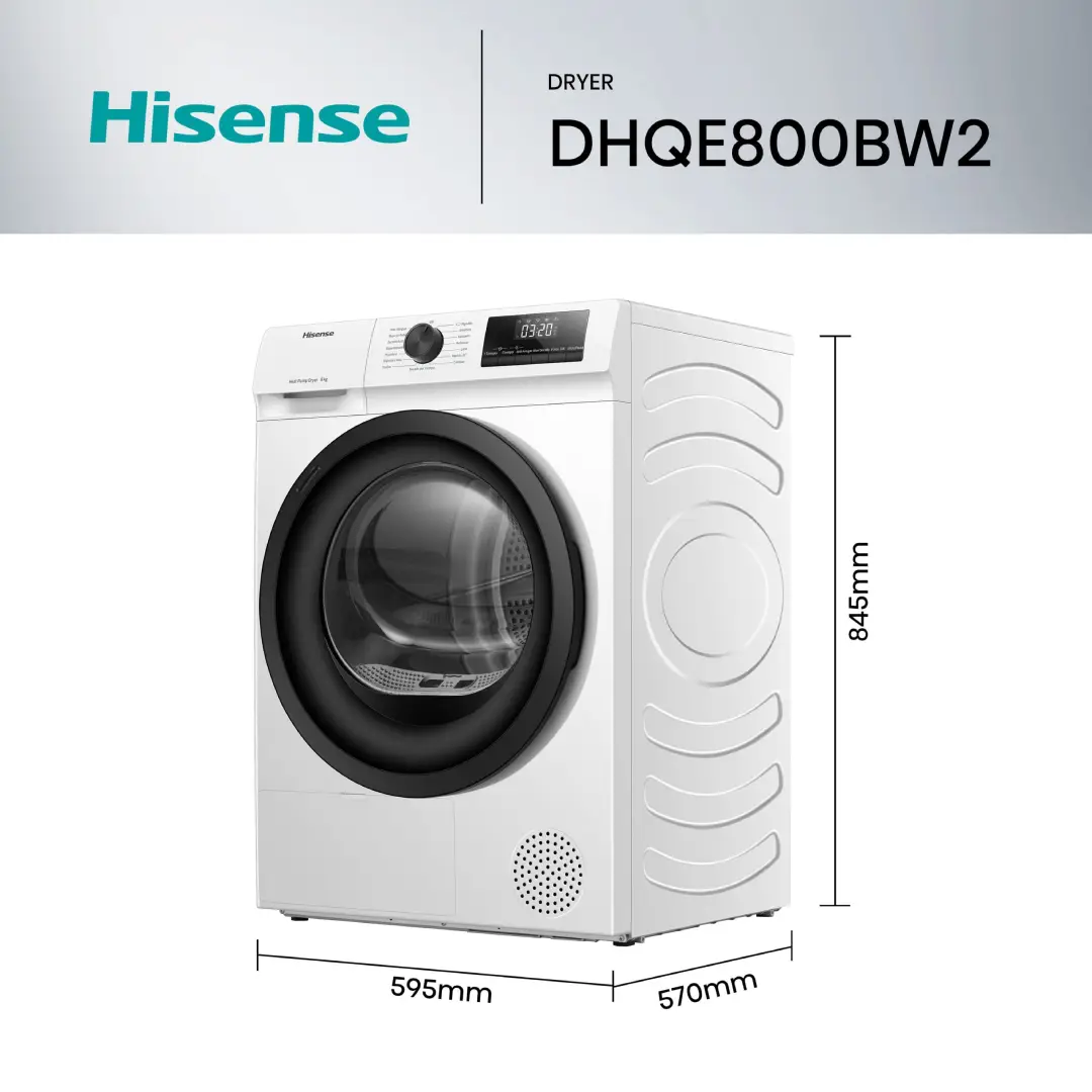 Medidas de la secadora Hisense DHQE-800BW2, diseñada para adaptarse a distintos espacios con su capacidad de 8 kg y tecnología eficiente - Electrocash