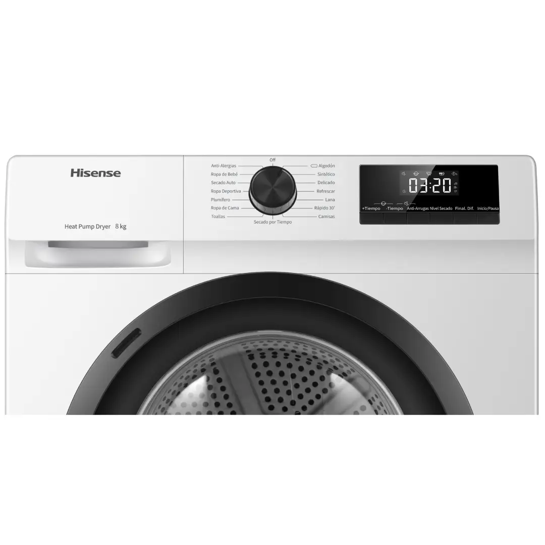 Vista del panel de control de la secadora Hisense DHQE-800BW2, con selección de programas, temperatura y opciones de secado eficiente - Electrocash