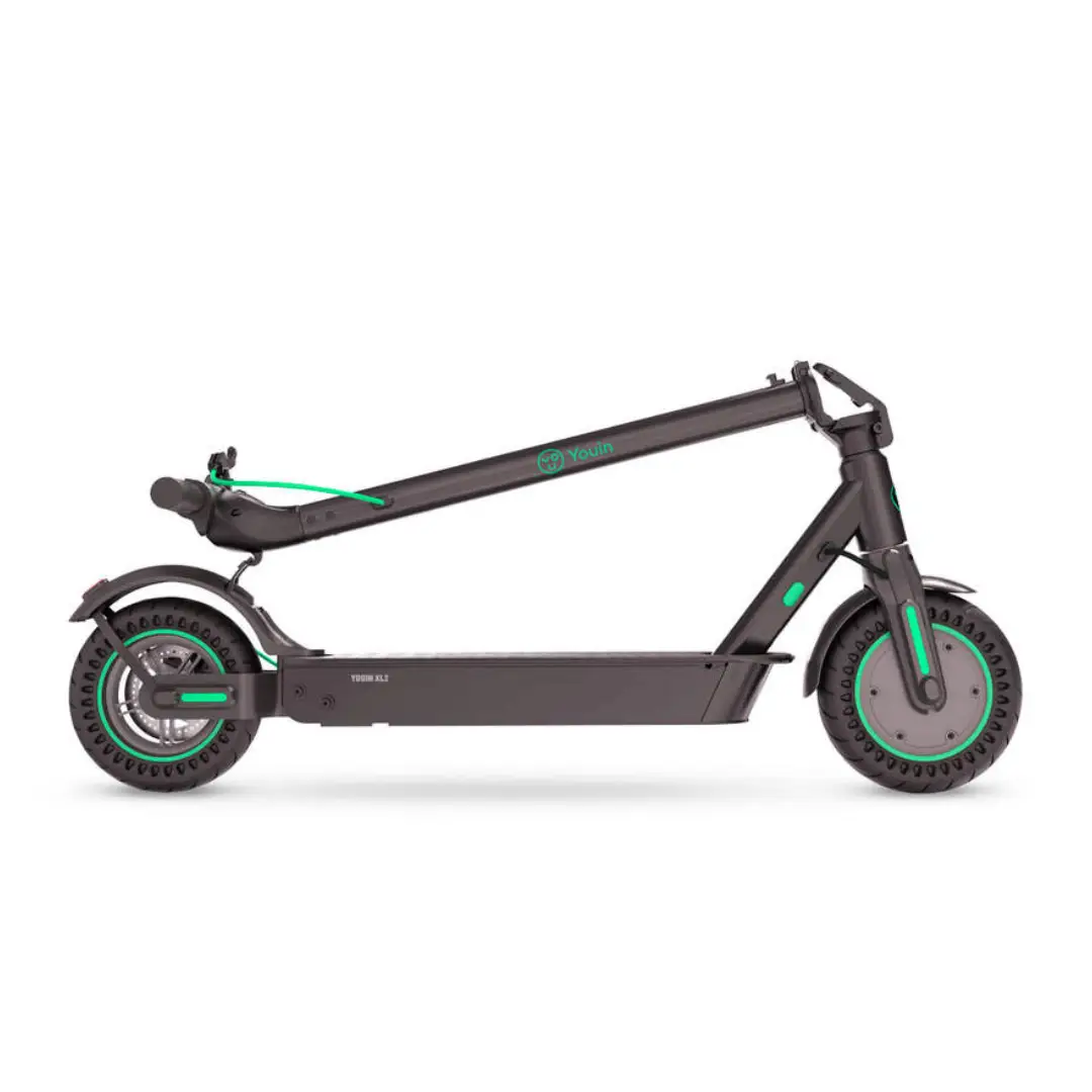 Vista del patinete eléctrico YOUIN SC-4001 XL2 doblado, mostrando su diseño compacto y sistema de plegado para un fácil transporte y almacenamiento - Electrocash